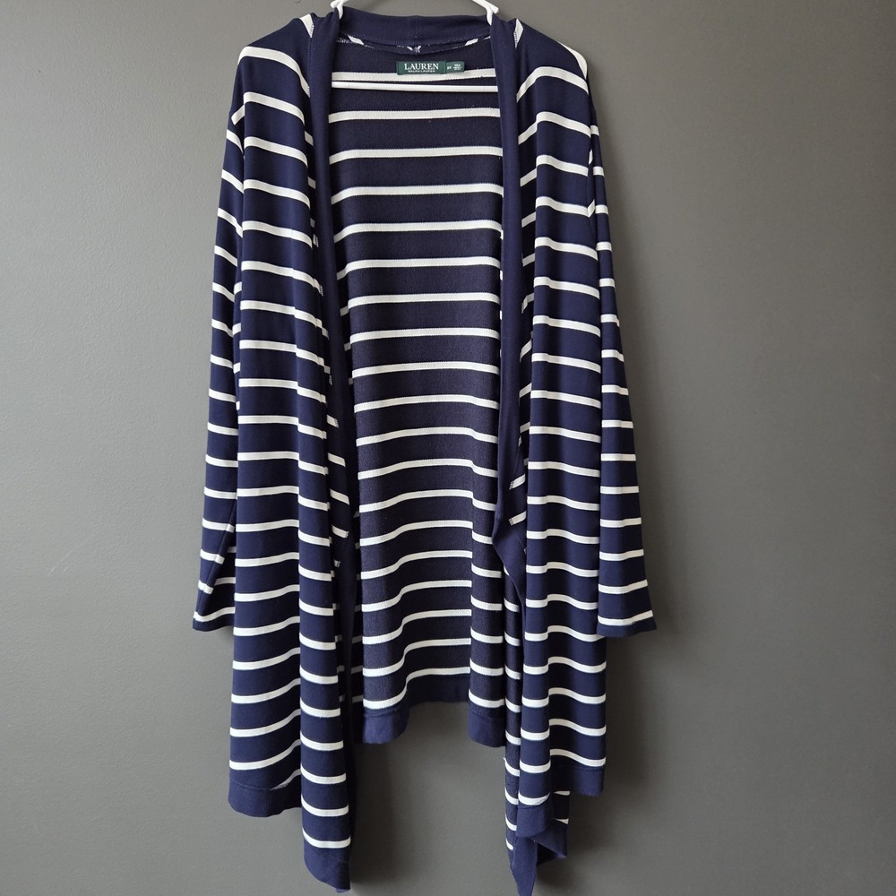 Lauren Ralph Lauren Waterfall Cardigan Sweater 2X Navy‎ Blue Stripe Nautical EUC